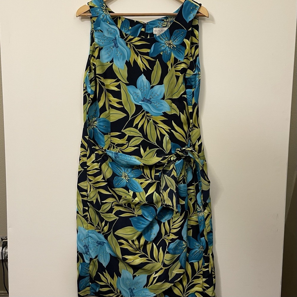 White Stag Tropical Floral Vacation Dress Faux Wrap Tie Blue Green Beach Size 16